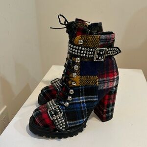 Jeffrey Campbell plaid biker heel booties with studs